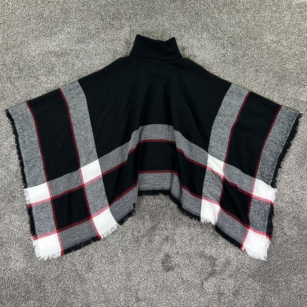 Ellie Kate Black Plaid Turtleneck Poncho Sweater Fringe‎ Hem Womens One Size